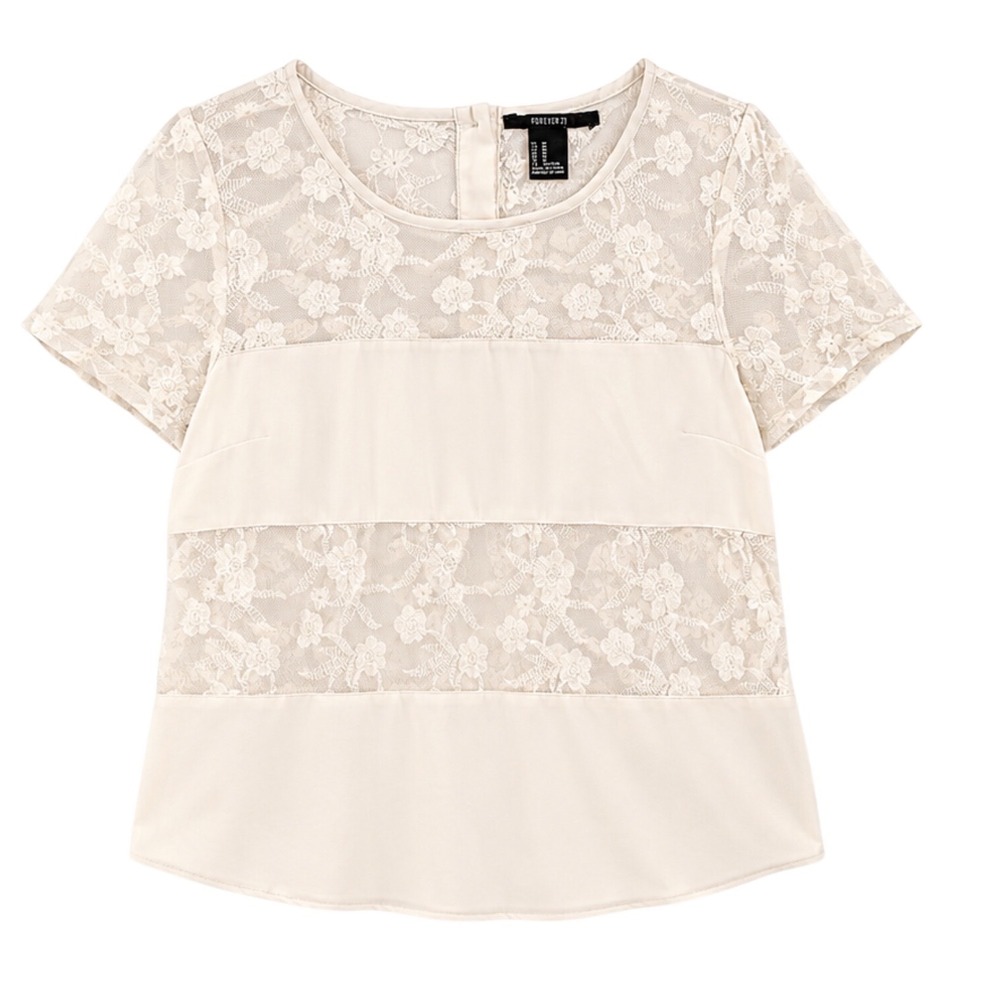 Forever 21 Cream Ivory Floral Lace Paneled Button Back Blouse Top Medium